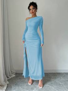 Elenzga Elegant Ladies' Spring/Summer Solid Color Asymmetric Collar Long Sleeve Side Slit Hem Dress Maxi Women Outfit