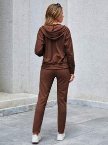 RueChic 2 piezas Conjunto de sudadera con capucha y pantalones con cordón y decoración de metal para mujer, para primavera y otoño - Marrón - Ver 2