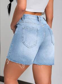 SHEIN PETITE 女士时尚破洞纽扣腰带口袋设计牛仔短裤 - 淺色水洗藍 - 查看 2