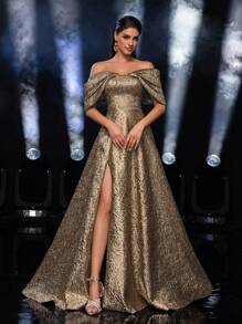 Glamrae 优雅奢华露肩蝴蝶结褶皱提花缎面 A 字高开叉礼服（重型） - 香檳色 - 查看 4