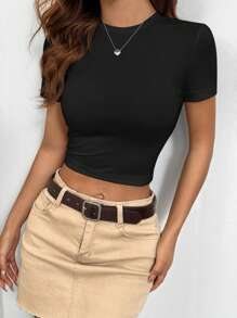 SHEIN EZwear مجموعة ملابس صيفية 2 قطعة/مجموعة تي شيرت كاجوال بياقة مستديرة وأكمام قصيرة، توب نسائي أسود ضيق مناسب للصيف - الأسود - مشاهدة 4
