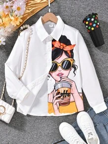 Tween Girls Urban Print Cartoon Character Long Sleeve White Blouse, Autumn - White - View 4