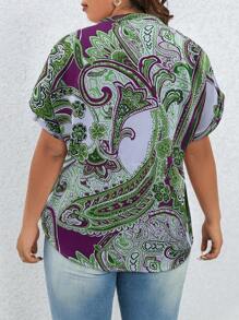 SHEIN LUNE Áo sơ mi tay ngắn cổ chữ V in họa tiết toàn thân cỡ lớn, mùa hè - Nhiều màu - Xem 2