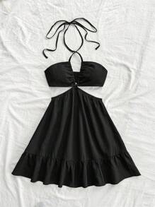 Soleia 女士性感露背交叉细肩带腰部镂空度假连衣裙 - 黑色 - 查看 5