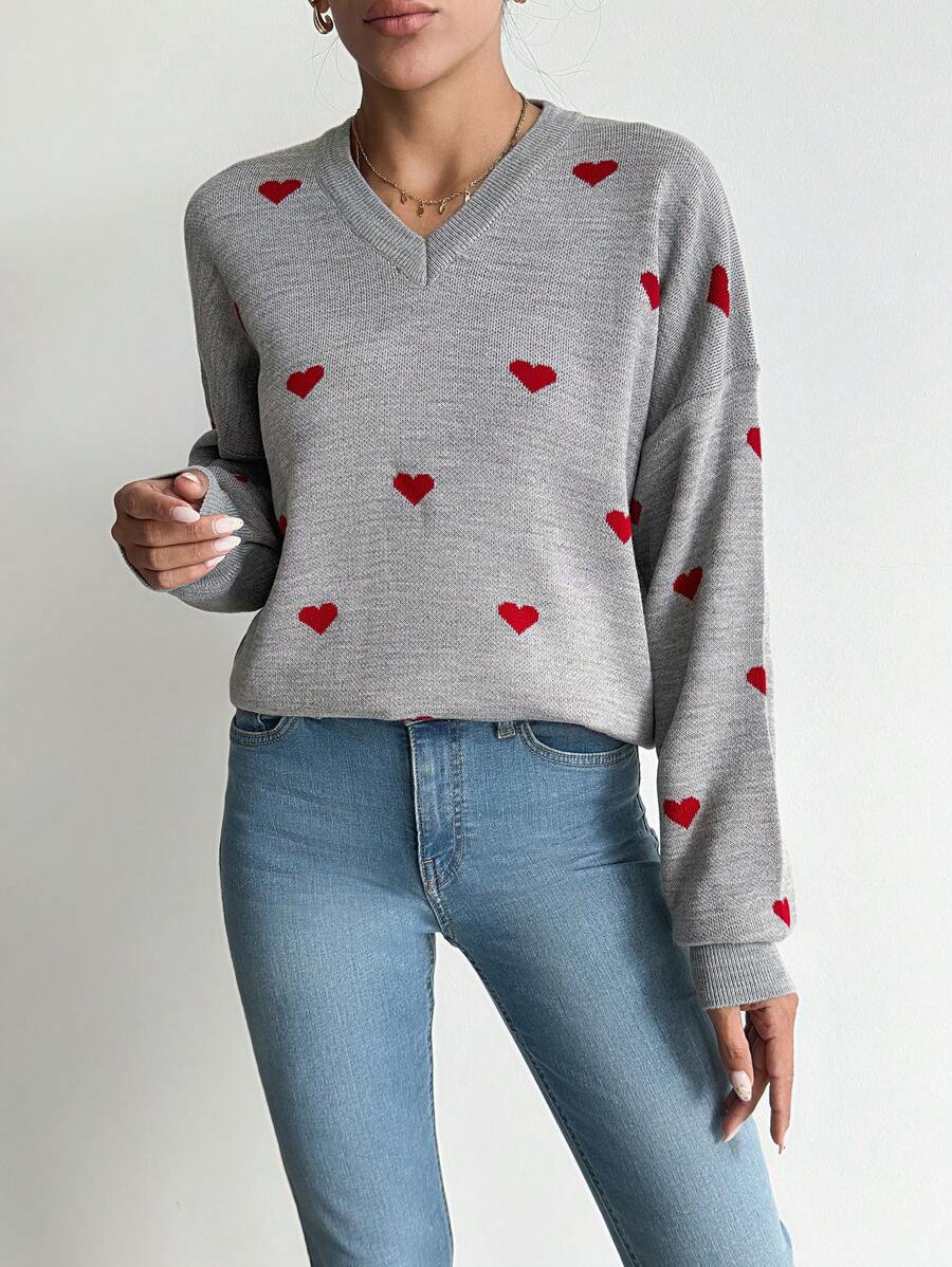 EURMUSE Heart Pattern Drop Shoulder Sweater - Grey - View 1