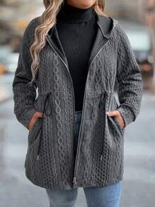 SHEIN LUNE Plus Size Hooded With Tie Collar Pocket Zip Up Knit Jacket Fall Winter Cloth For Women Autumn - Dark Grey - View 1