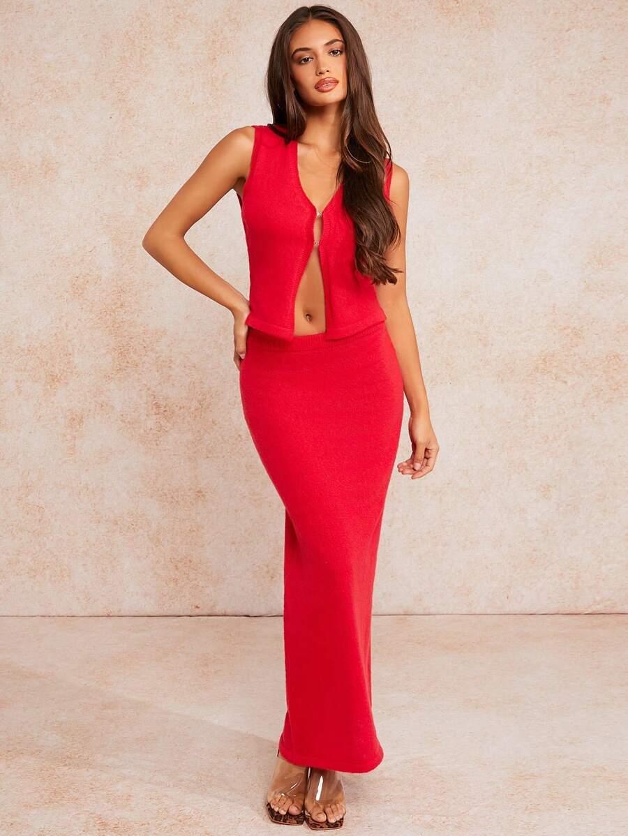 Forever 21 Bộ váy dài mùa đông hai mảnh tiệc trà Giáng sinh đỏ - Đỏ - Xem 1