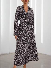SHEIN Privé Elegant V-Neck Wrap Waist Design Animal Leopard Print Grey Long Sleeve Dress, Versatile Wear