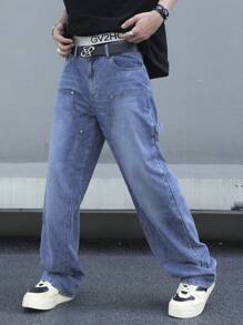 Manfinity EMRG Pantalones de mezclilla con botones y múltiples bolsillos para hombre, uso casual de todos los días - Azul - Ver 4