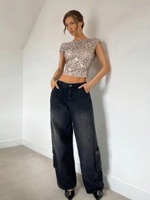 SHEIN Essnce 女士亮片露背短款上衣、派对装 - 杏色 - 查看 4