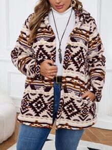 EMERY ROSE Abrigo de invierno de mujer talla grande con capucha con diseño gráfico, abotonado al frente, de estilo casual para uso diario en otoño - Multicolor - Ver 2