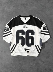 Manfinity EMRG 返校，男士夏季 V 领运动休闲印花短袖平纹针织 T 恤，比赛日 T 恤，图案 T 恤 - 彩色 - 查看 1