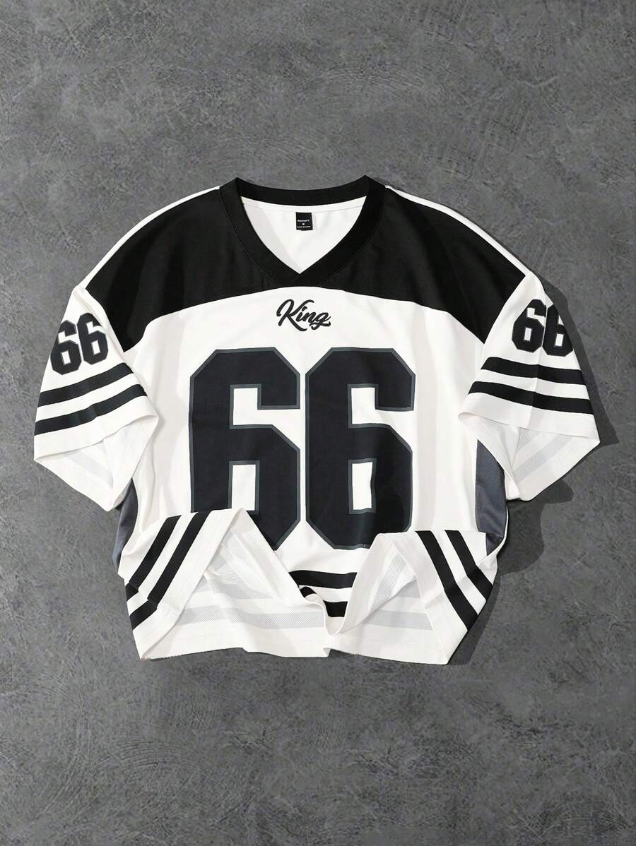 Manfinity EMRG 返校，男士夏季 V 领运动休闲印花短袖平纹针织 T 恤，比赛日 T 恤，图案 T 恤 - 彩色 - 查看 1