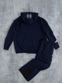 Manfinity Hypemode 男士大码休闲字母印花连帽衫和运动裤套装，保暖内衬，适合秋冬季 - 寶藍色 - 查看 2