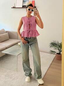 Comfortcana Blusa informal de mujer sin mangas a cuadros rojos con volantes en el bajo, blusas sin mangas