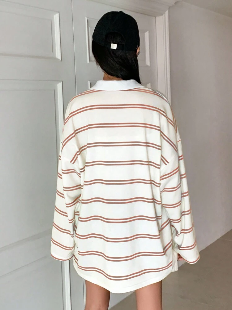 Camiseta Solta Listrada em Bloco de Cores para Mulheres, Roupas de Outono Manga Longa Tops Femininos