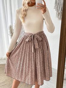 SHEIN Clasi Women's Spring/Summer Leopard Print Pleated Hem Stand Collar Casual Dress With Long Sleeves - Apricot - View 1
