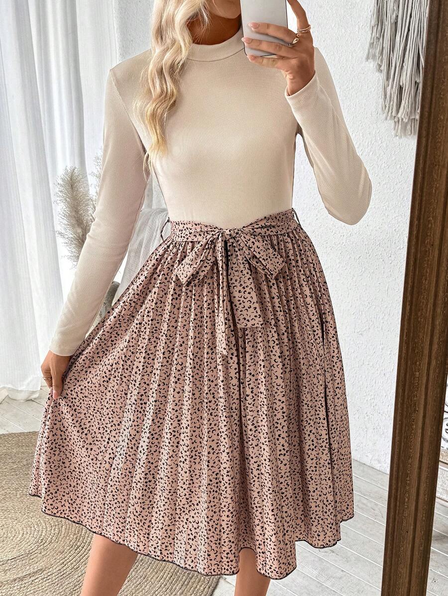 SHEIN Clasi Women's Spring/Summer Leopard Print Pleated Hem Stand Collar Casual Dress With Long Sleeves - Apricot - View 1