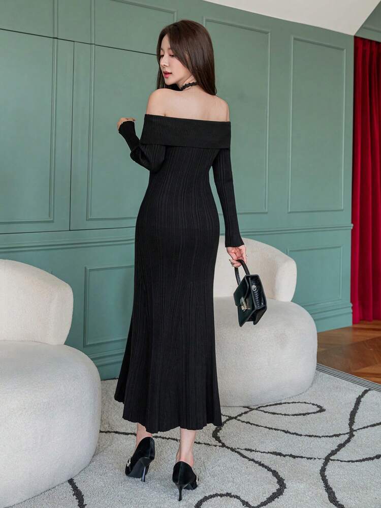 Women's Elegant Solid Color Off Shoulder Mermaid Hem Sweater Dress, Spring And Autumn,Ruffle,Fall Women Clothes