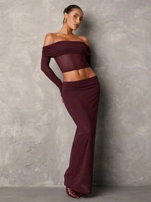 SHEIN BAE 女士酒红色纯色露肩性感透视短款上衣和长款网纱针织裙套装，优雅派对/生日/俱乐部服装，秋季两件套服装