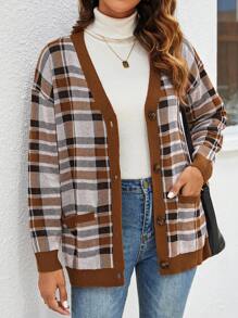 SHEIN LUNE Women's Autumn V-Neck Plaid Button-Up Cardigan Sweater - Multicolor - View 1