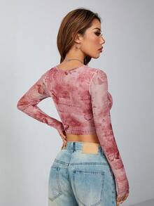 SHEIN PETITE Áo thun nữ in hình hoa huệ phong cách đơn giản hàng ngày trang trí xương cá màu hồng - Hồng - Xem 2
