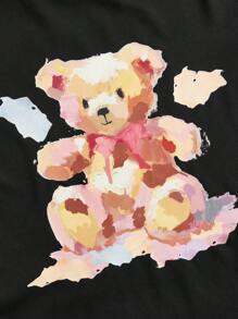 SHEIN MOD 女士可爱图案短袖 T 恤，腰部抽绳系带蝴蝶结，粉色和米色油画风格可爱熊腰带松紧带，有趣的米色，舒适的夏季 T 恤 - 黑色 - 查看 3