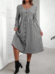 EMERY ROSE Robe casual à manches longues pour l'automne, col V, imprimé à carreaux, grande taille