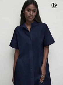 BizChic 女士休闲纯白色不透明立领纽扣前开襟衬衫裙，宽松纯棉，简约风格，适合日常休闲、通勤、商务休闲、办公室穿着 - 藏蓝色 - 查看 4