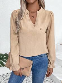 SHEIN LUNE Damska koszula na co dzień w paski z asymetrycznym kołnierzykiem i drewnianymi guzikami, wiosna lato