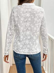 SHEIN Clasi 女式不对称领刺绣长袖衬衫，白色 - 白色 - 查看 2