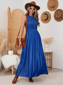 SHEIN VCAY Women Crew Neck Sleeveless Pleated Elegant Fashion Graceful Dress,Fall Women Outfits,Fall Women Clothes Dress,Woman Jeans Dresses