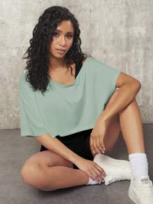 VARSITIE 女士纯色不对称领口夏季运动 T 恤 - 薄荷藍 - 查看 5