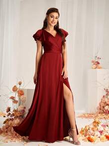 SHEIN Belle Vải satin đỏ tía thanh lịch và lãng mạn Cổ áo hình trái tim Xếp chồng Nếp gấp Trang trí thắt lưng Tay áo xếp nếp Xếp chồng Khe xẻ Viền chữ A Thích hợp cho các dịp cưới Váy phù dâu trang trọng - Màu Đỏ Sâu - Xem 1