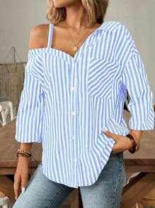 SHEIN Essnce Women's Casual Asymmetrical Shoulder Striped Blouse, Spring Summer