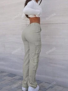 Pantalones cargo de un solo color con botones delanteros y bolsillos, para uso casual diario
