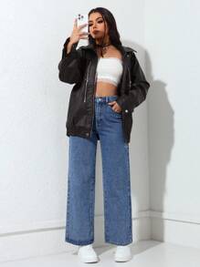 SHEIN PETITE 女士休闲破洞直筒牛仔裤 - 中等水洗藍 - 查看 6