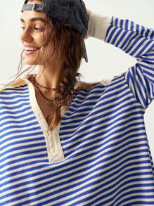 Bohemela Camiseta de manga larga holgada con escote delantero abierto, de punto a rayas azules y blancas, con bajo asimétrico, para mujer, otoño