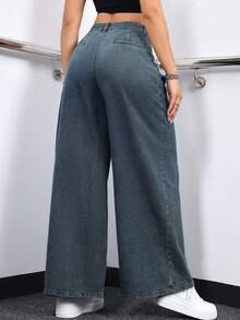 Women's Faux Pocket Design Distressed Wide Leg Denim Pants - Blue - View 4