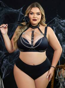 Plus Size Bold & Avant-Garde Chain Decor Leather Lingerie