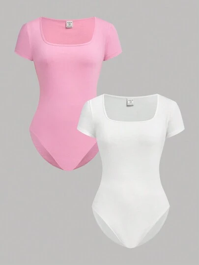 SHEIN Girlism 2 件套青少年女孩方领针织基本款修身休闲短袖连体裤