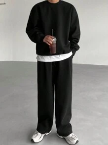 DAZY 2pcs Men's Solid Color Crew Neck Tracksuit Sweatshirt And Pocket Sweatpants Casual Black Set For Fall - Black - View 4