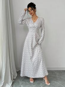 Elenzga Digital Print Waist Cinching Long Sleeve Dress Maxi Women Outfit - White - View 5