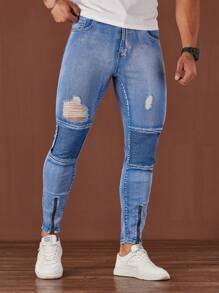 Manfinity Homme 男式浅蓝色水洗破洞紧身牛仔裤，适合休闲户外穿着