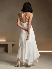 Anewsta Vestido blanco de mujer con tirantes de espagueti, espalda descubierta, cruzado, grácil cuello halter, sexy, elegante y bajo asimétrico