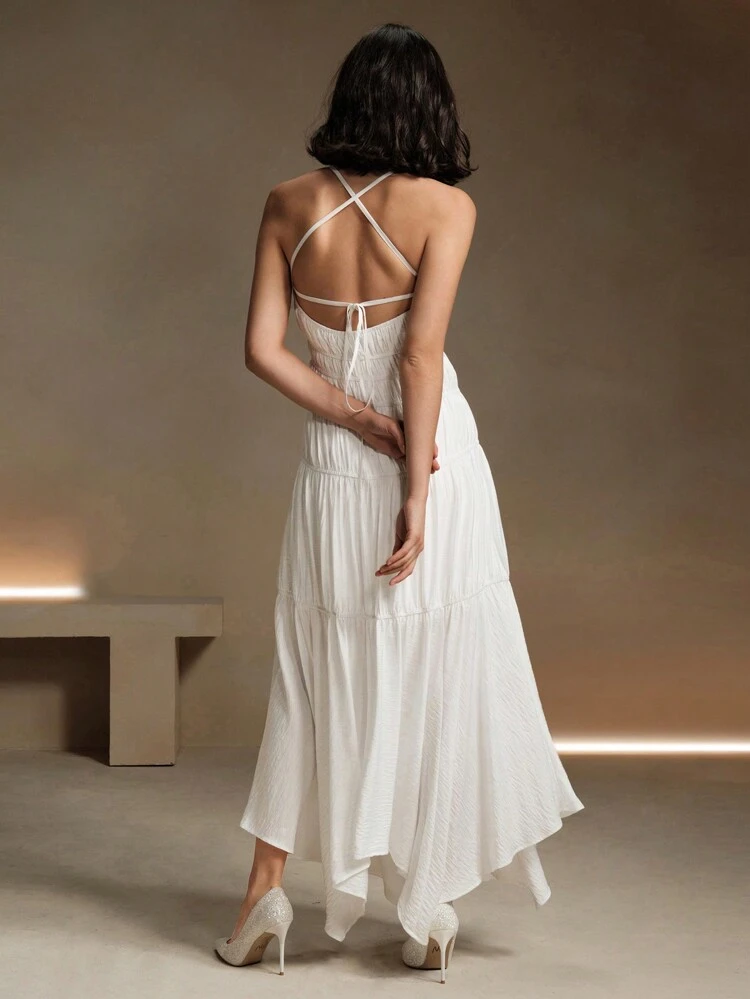 Women's Spaghetti Strap Backless Crisscross Graceful Halter Sexy Elegant Asymmetrical Hem White Dress