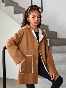 SHEIN Felpa con cappuccio oversize reversibile in pelliccia sintetica tinta unita per ragazze preadolescenti - Cammello - Visualizzare 1