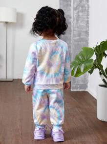 SHEIN Leap Crew NovaGlow 女婴两件套可爱扎染印花长袖卫衣和松紧腰裤套装，加厚抓绒，秋冬款 - 彩色 - 查看 2