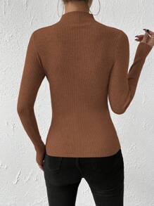 EMERY ROSE Women's Stand Collar Long Sleeve Fitted Solid Casual Pullover Sweater,Long Sleeve Tops Knit Pullover Fall Winter Outfit - Brown - View 2