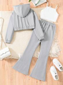 2 piezas Conjunto casual de chaqueta con capucha con cierre de cremallera y texto con textura y pantalones para niñas adolescentes de moda - Gris - Ver 2